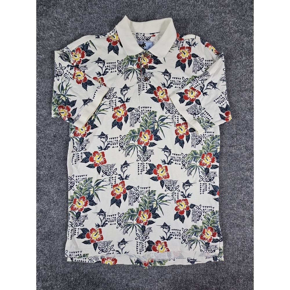AFTCO Bluewater Polo Shirt Mens Medium Floral Hawaiian Fish Print 90s